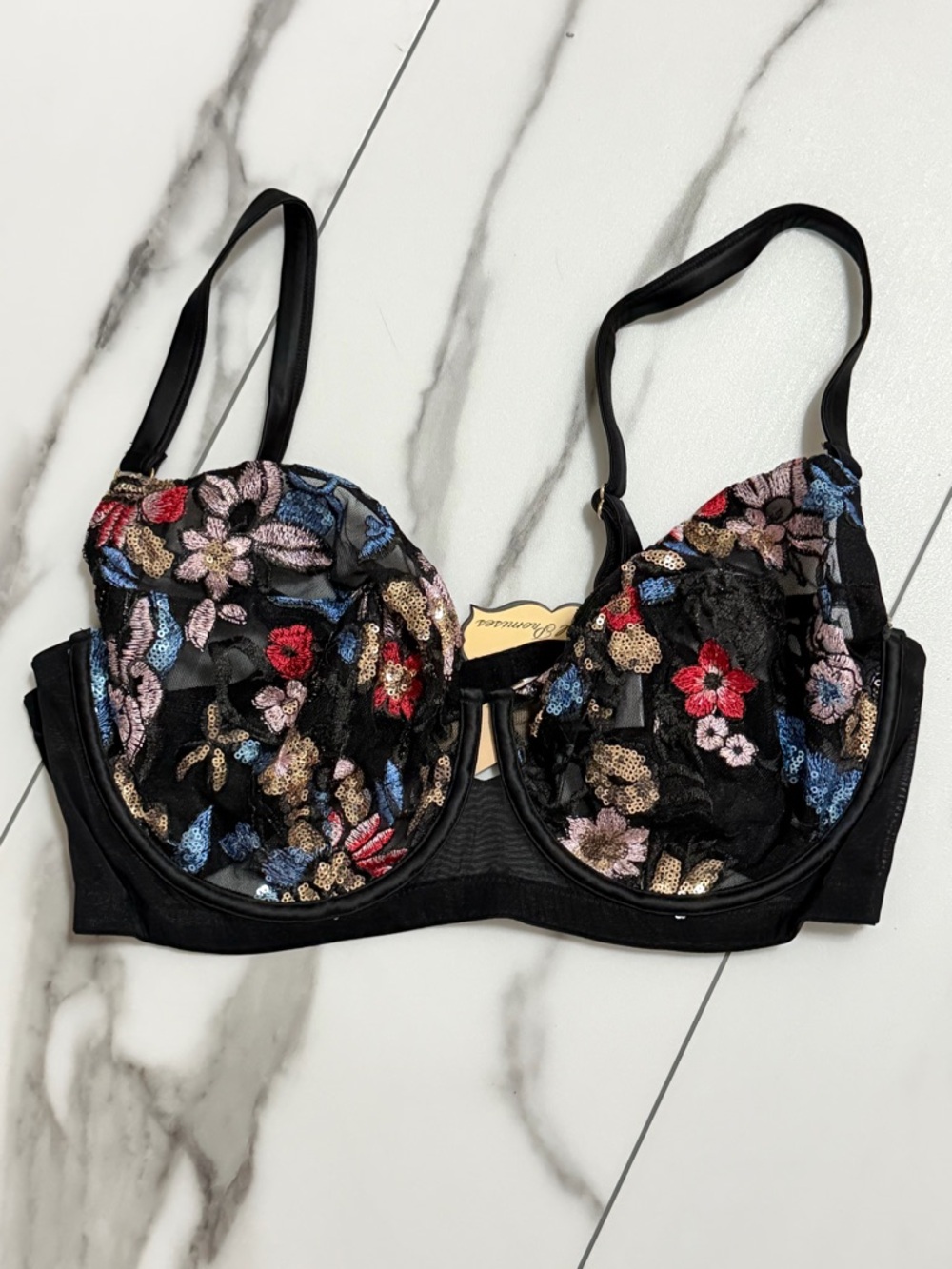 Embroidered Floral Underwire Bra - Black with Multicolor Flowers and Sequins
